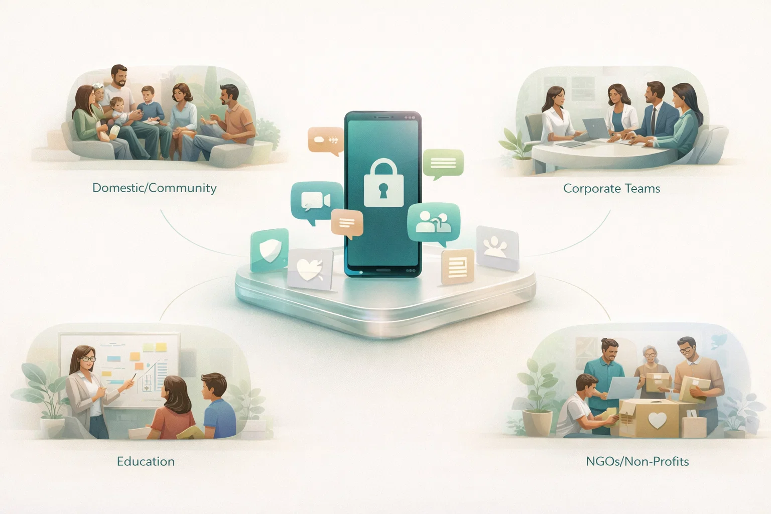 Illustration of Iconic Communities connecting domestic, corporate, education, and NGO sectors through one secure hub.